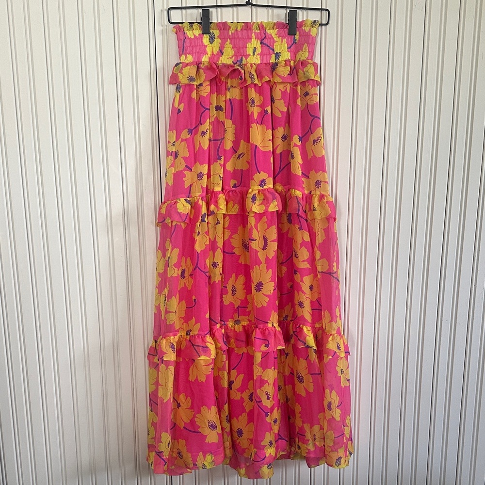 Bright Pink & Yellow Floral Tiered Maxi Skirt 100% silk P.A.R.O.S.H.